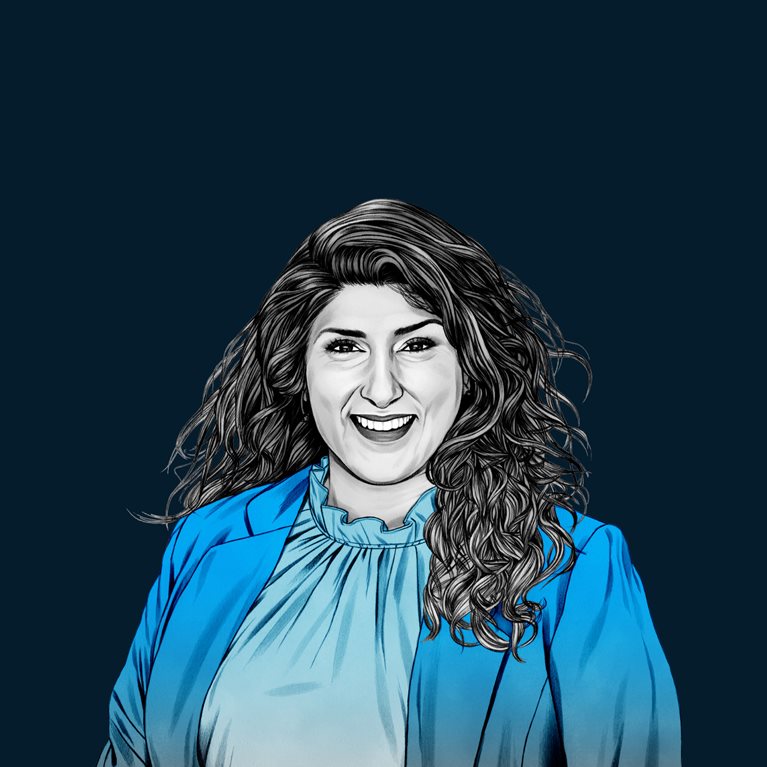 A hand-drawn illustration of Navrina Singh, smiling and wearing a ruffle collared blouse and suit jacket. The drawing features precise lines and subtle shading, using black and white tones for her face and blues for her attire.