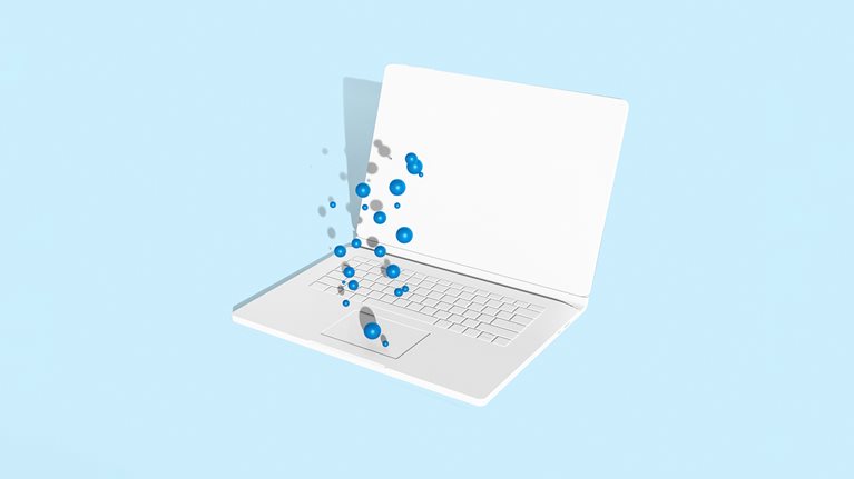 3D illustration of laptop with blue bubbles coming out