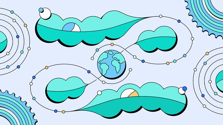 A globe encircled by stylized data points and oversized green leaves and gear like shapes at it’s edges. It is placed against a light-blue backdrop with dominant hues of cyan and green.