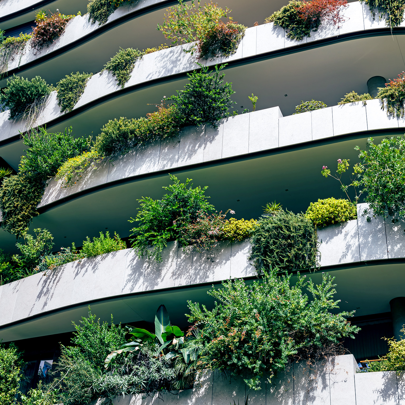 A modern building facade features multiple levels of curved balconies, each adorned with lush green plants and vibrant flowers. 