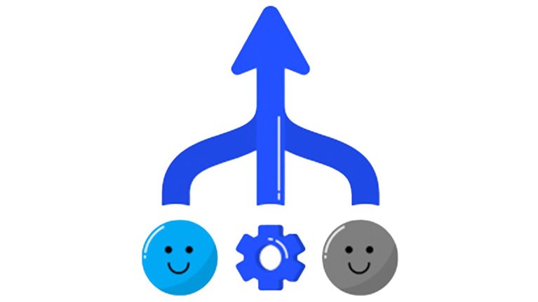 An illustration of a blue upward arrow splits into two paths, each leading to a smiling face. Below the arrow is a gear, symbolizing the program’s effective kickoff session.