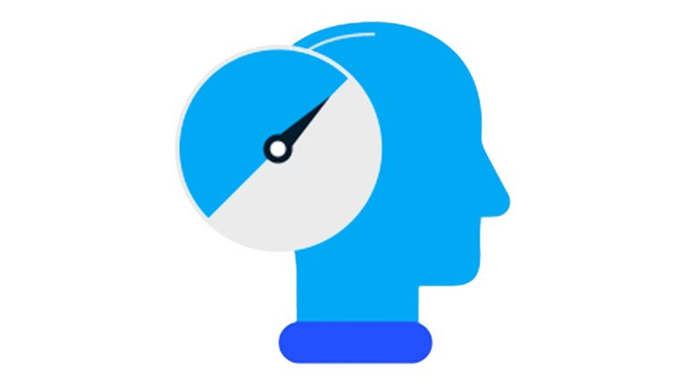An illustration of a blue head in profile with a speedometer gauge overlapping the head, representing assessments.