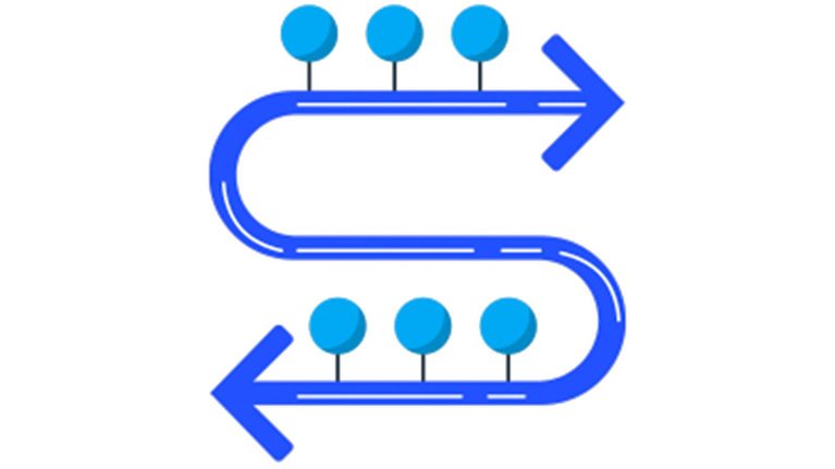 A continuous blue loop with an arrowhead at each end and milestones along the way, symbolizing the ongoing improvement fostered by the A2E program.